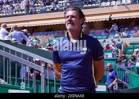 French's Patrick Mouratoglou at Monte Carlo ATP Masters Series Tournament quarter final tennis match on the Rainier III court at the Monte Carlo Country Club in Monaco on April 12, 2024. Stock Photo