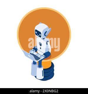 Flat 3d Isometric Ai Robot Inside Light Bulb. Machine Learning and Artificial Intelligence Concept Stock Vector