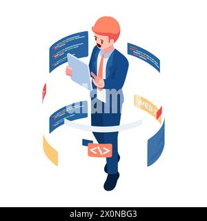 Flat 3d Isometric Businessman Coding on Tablet. Programmer and Web 3 Developer Concept. Stock Vector