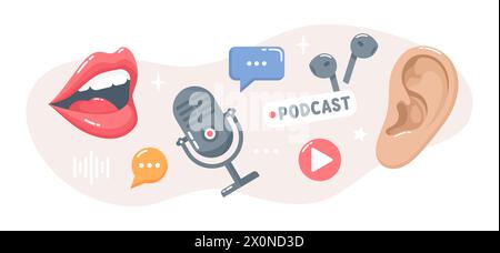 Talking female mouth, microphone, ear, earphones and speech bubbles. Podcast concept banner. Flat vector illustration Stock Vector