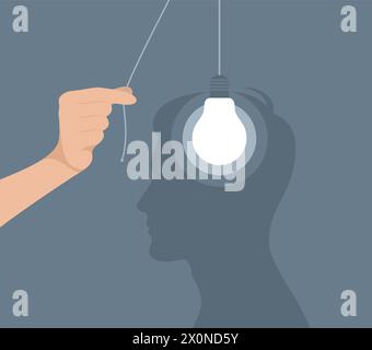 A hand turning on a light bulb in the head of a male silhouette. Flat vector illustration Stock Vector