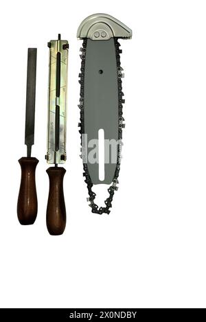 Chainsaw sharpening tools kit with guide bar and chain on white background Stock Photo