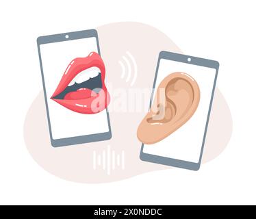 Phone conversation. A talking mouth and a listening ear on smartphone screens. Flat vector illustration Stock Vector