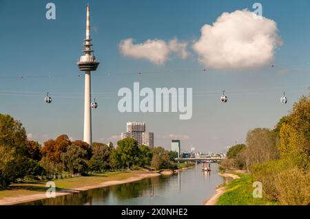 View along the Neckar river to the telecommunications tower in Mannheim, Baden-Wuerttemberg Stock Photo