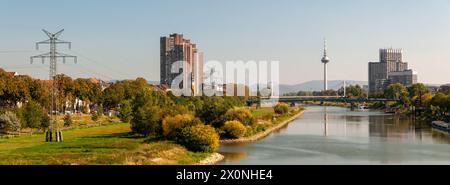 Panorama of the Neckar promenade with telecommunications tower and Collini Center in Mannheim, Baden-Württemberg, Germany Stock Photo