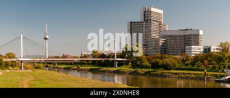 Panorama of the Neckar riverbank with telecommunications tower and Collini Center in Mannheim, Baden-Württemberg, Germany on a sunny day Stock Photo