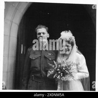 THE BRITISH ARMY IN NORTH AFRICA, SICILY, ITALY, THE BALKANS AND AUSTRIA 1942-1946 - A Services Wedding between RQMS J. Beardsall of the Buffs and L/Cpl. E.M. Jones of the ATS took place at Holy Trinity Church in Florence on the 10th February. RQMS Beardsall has been in the Army since 1939 and saw service with the B.E.F. in France. He has taken part in the North African, Sicilian and Italian campaigns. The bride was a nurse before the war. She joined the ATS five years ago and now had nine months service in Italy. The Service was conducted byt the Rev. F. Smith of 15 Army Group HQ. Photographi Stock Photo