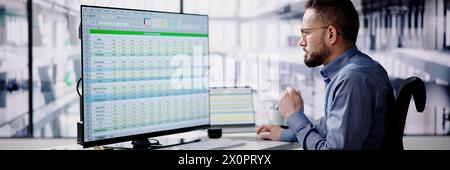 Medical analyst man reviewing data on spreadsheets Stock Photo