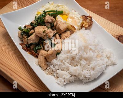 Indulge in the flavors of Thai basil chicken served with a perfectly fried egg, broccolini, and fragrant jasmine rice, elegantly presented on a white Stock Photo