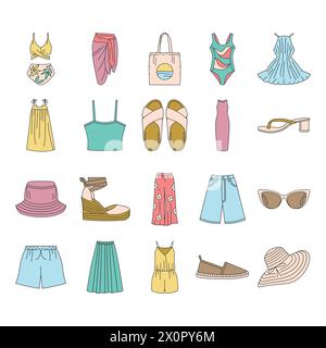 Women's summer clothes line color icons set. Signs for web page, mobile app, button, logo. Vector isolated button. Editable stroke. Stock Vector