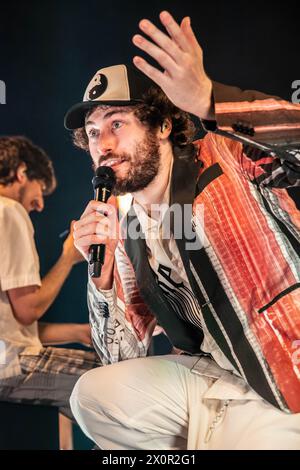 Milan Italy. 09th Apr 2024. The Italian band PINGUINI TATTICI NUCLEARI performs live on stage at Mediolanum Forum during the 'Fake News Indoor Tour - Palasport 2024'. Stock Photo