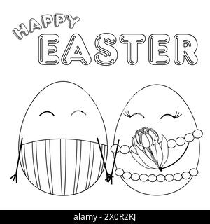 Anthropomorphic family of Easter eggs. A man giving a woman a bouquet of tulips. Happy Easter inscription. Coloring books. Vector contour drawing Stock Vector