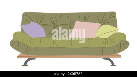 Stylish modern green sofa with colorful pillows. Stock Vector