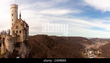 Panorama of the Honau valley in the low Swabian Albian mountain range. On the left is Lichtenstein Castle. Germany Stock Photo