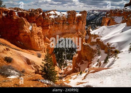 Winter Snow at Natural Bridge in Utah's Bryce Canyon National Park. Stock Photo