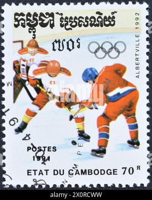 Cancelled postage stamp printed by Cambodia, that shows Ice Hockey, Winter Olympic Games 1992 - Albertville, circa 1991. Stock Photo