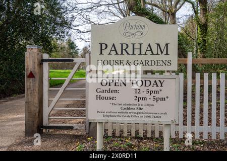 Parham House and Gardens, sign at the entrance to the estate in West Sussex, England, UK, a visitor attraction Stock Photo