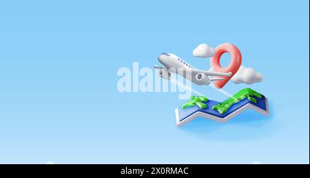 3D airplane in clouds and paper map Stock Vector