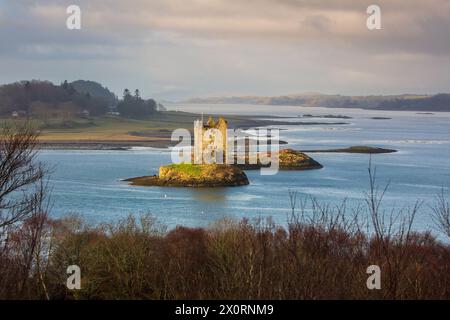 Elevated view of Castle Stalker and Loch Laich near Oban, Argyle and Bute, West Highlands, Scotland, UK. Stock Photo