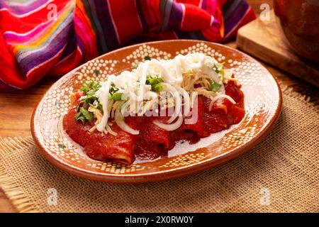 Entomatadas. Also known as Enjitomatadas, a typical dish of Mexican cuisine prepared with corn tortilla, tomato sauce and stuffed with shredded chicke Stock Photo