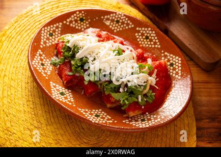 Entomatadas. Also known as Enjitomatadas, a typical dish of Mexican cuisine prepared with corn tortilla, tomato sauce and stuffed with shredded chicke Stock Photo