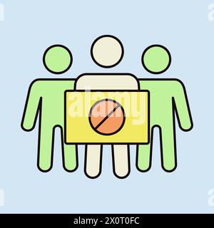 Crowd of people with placard, big sign, banner with forbidden sign vector isolated icon. Demonstration, protest, strike, revolution Stock Vector