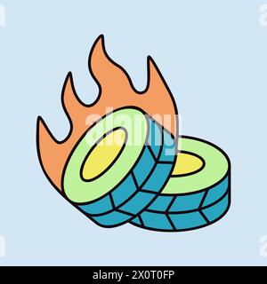 Two lying burning tires revolutionary barricade vector isolated icon. Demonstration, protest, strike, revolution Stock Vector