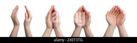 Hands gesturing, process from open to closing arms, fingers, isolated on white background. Stock Photo