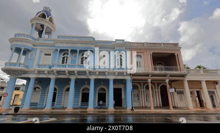 183 Turret on the SW corner, and E facade of the Ferrer Palace-Arts Museum and the Work and Social Security Provincial Direction. Cienfuegos-Cuba. Stock Photo