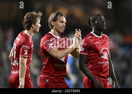 Denderleeuw, Belgium. 13th Apr, 2024. Essevee's Ruud Vormer celebrates after scoring during a soccer match between Dender EH and SV Zulte Waregem, Saturday 13 April 2024 in Denderleeuw, on day 29/30 of the 2023-2024 'Challenger Pro League' second division of the Belgian championship. BELGA PHOTO JOHN THYS Credit: Belga News Agency/Alamy Live News Stock Photo