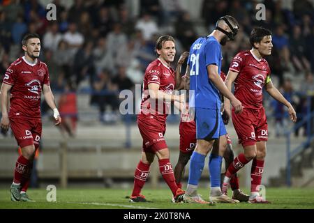 Denderleeuw, Belgium. 13th Apr, 2024. Essevee's Ruud Vormer celebrates after scoring during a soccer match between Dender EH and SV Zulte Waregem, Saturday 13 April 2024 in Denderleeuw, on day 29/30 of the 2023-2024 'Challenger Pro League' second division of the Belgian championship. BELGA PHOTO JOHN THYS Credit: Belga News Agency/Alamy Live News Stock Photo