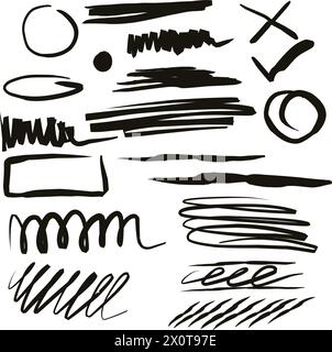 Vector pencil set of grunge strokes, circles, arrows, hearts, splatters, paint spots, pencil drawings and other creative designs. Perfect for prints Stock Vector