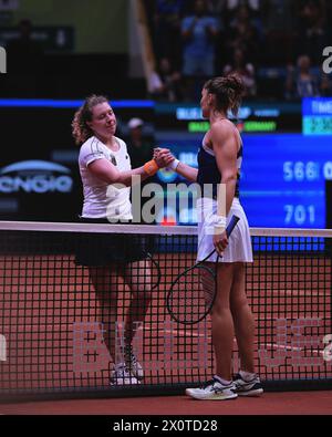 Sao Paulo, Brazil. 13th Apr, 2024. SP - SAO PAULO - 13/04/2024 - SAO PAULO, BILLIE JEAN KING CUP 2024 - Beatriz Haddad Maia player from Brazil celebrates her victory in the match against Anna-Lena Friedsam player from Germany on the second day of the Billie Jean King Cup 2024, played at the Ibirapuera Gymnasium, this Saturday (13). Photo: Ettore Chiereguini/AGIF (Photo by Ettore Chiereguini/AGIF/Sipa USA) Credit: Sipa USA/Alamy Live News Stock Photo