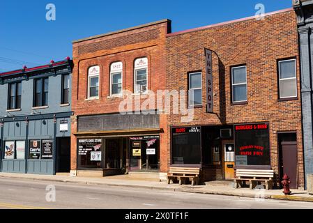 Marengo, Illinois - United States - April 8th, 2024: Downtown buildings and storefronts on South State Street in Marengo, Illinois, USA. Stock Photo
