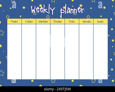 Starry night  Weekly planner for busy hardworking person. Blank template with stars. Stock Vector