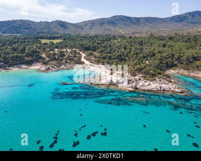 Amazing view of Sithonia coastline near Orange Beach Beach, Chalkidiki, Central Macedonia, Greece Stock Photo
