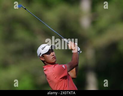Augusta, United States. 13th Apr, 2024. Collin Morikawa hits his tee shot on the twelfth hole during the third round of the Masters Tournament at Augusta National Golf Club in Augusta, Georgia on Saturday, April 13, 2024. Photo by John Angelillo/UPI Credit: UPI/Alamy Live News Stock Photo