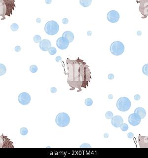 Seamless pattern with cartoon hedgehog blowing soap bubbles. Vector watercolor print Stock Vector