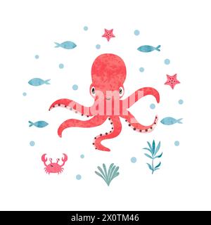 Cute baby octopus and fish. Marine watercolor vector illustration for kids Stock Vector