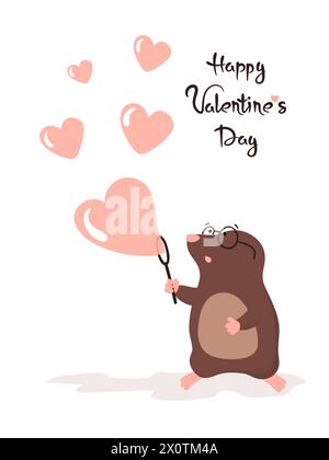 Cute mole blowing heart shaped soap bubbles. Valentines Day greeting card vector illustration Stock Vector