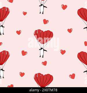 Flying penguin with heart shaped parachute seamless pattern. Valentines Day vector illustration Stock Vector