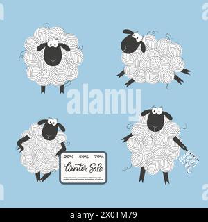 Set of cute cartoon sheep made of yarn balls. Vector illustration Stock Vector