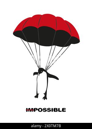 Flying penguin with parachute. Vector motivation illustration Stock Vector
