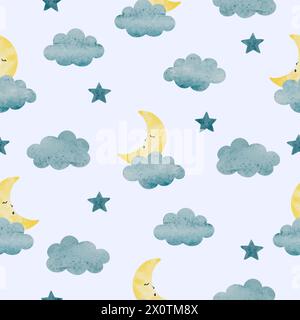 Seamless baby pattern with cute watercolor sleeping moon, stars and clouds. Print for kids Stock Vector