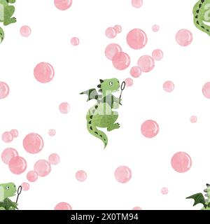 Seamless pattern with cartoon dragon blowing soap bubbles. Vector watercolor print Stock Vector