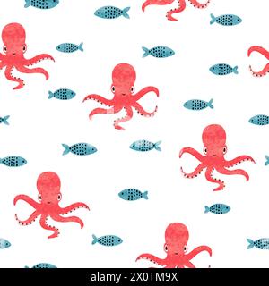 Seamless sea pattern with cute octopus. Vector watercolor marine baby print Stock Vector