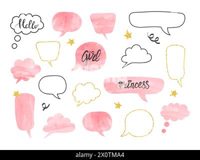 Cute speech bubbles set. Pink watercolor thought balloons vector illustration for kids Stock Vector