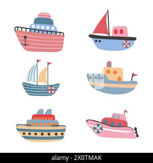 Cute hand drawn boats vector illustration. Cartoon ships for kids Stock Vector