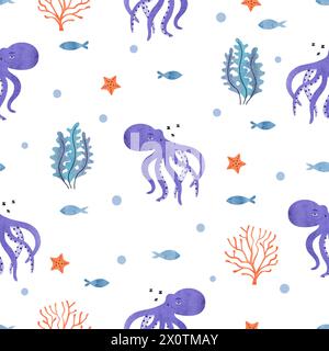 Seamless sea pattern with cute octopus, fish and seaweeds. Vector watercolor underwater illustration Stock Vector