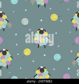 Seamless colorful pattern with funny sheep made of yarn balls Stock Vector